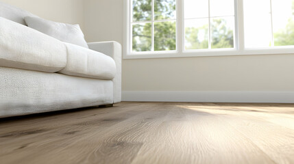 Fototapeta premium Sunny living room, white sofa, hardwood floor, window view
