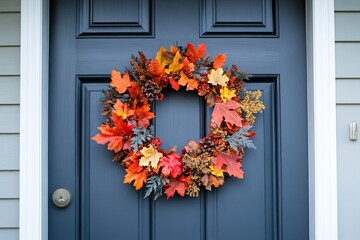 Autumn wreath on house door, fall decor