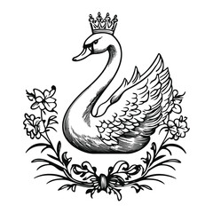 Fototapeta premium Black and White Swan with Ornate Crown and Floral Elements in Line Drawing