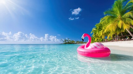 Serene Tropical Escape - Hot Pink Inflatable Flamingo Drifting on Calm Ocean with Lush Island in Background
