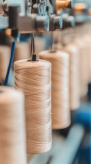 Textile thread spools in industrial factory with focus on beige yarn production equipment detailed closeup