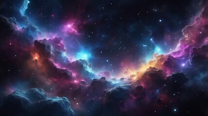 Fototapeta premium Design an abstract background that evokes the cosmos, with deep dark tones punctuated by bright points of light, stars, and galaxy-like elements. Include nebulae and glowing clouds.