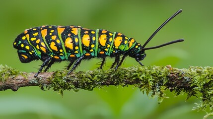 Naklejka premium Vibrant Tropical Insect Crawling on Mossy Branch Lush Forest Macro Photography Natural Environment Close-up Nature's Colorful Wonders