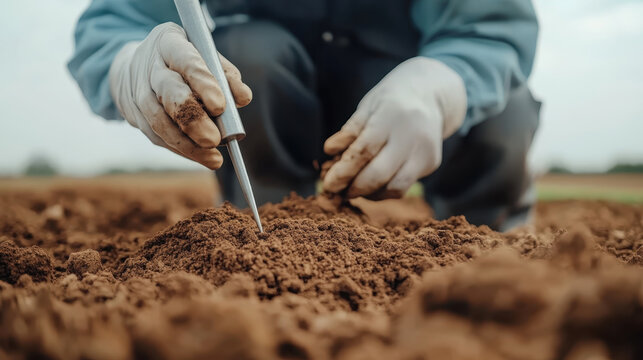 scientist is collecting soil samples with tool, wearing gloves, and focused on ground. scene captures importance of soil analysis in environmental studies