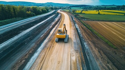 Excavator on New Road Construction Site Through Fields