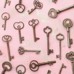 Various antique keys are scattered on a pink background