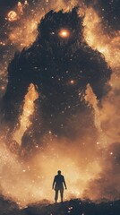 Fototapeta premium A lone man faces a cosmic entity in space