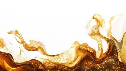 Swirling golden fluid art against a clean white background