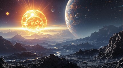 Futuristic alien landscape with a glowing sun and multiple planets in the sky, copy space.

