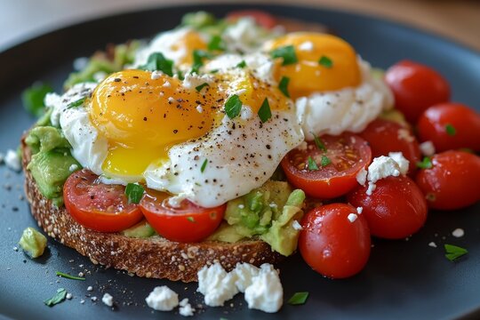 Poached eggs, avocado toast, cherry tomatoes