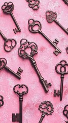 Decorative vintage style skeleton keys displayed on a pink background