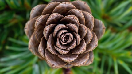 Close-up of a pine cone on a green branch with needle-like leaves, high detail.