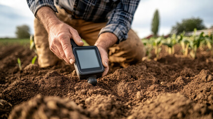 rural farmer using handheld soil scanner to analyze soil quality in field. farmer is focused on digital display, ensuring optimal crop growth and health