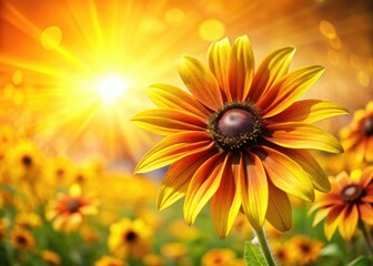 Obraz premium A macro lens captures blooming Brown Eyed Susans, vibrant yellow wildflowers in a summer field.