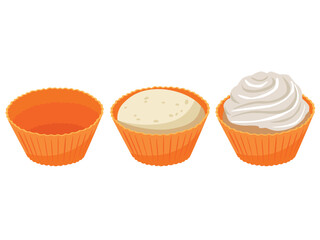 different stages of cupcake. Cartoon sweet fluffy muffins or cupcakes with cream. Birthday cake and frosting. Party food.