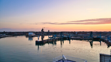 The harbor of Trelleborg, at sunrise with a view of the city in the background.