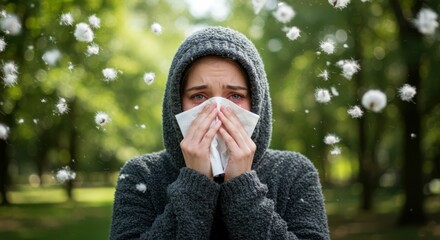 Young caucasian female experiencing seasonal allergies outdoors in park