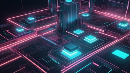 Obraz premium Design an abstract background using elements of digital art, such as pixels, grids, and glowing lines, evoking a retro-futuristic or technological feel.