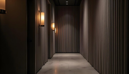 Modern hallway with mysterious mood featuring dim lighting against a sleek wall background