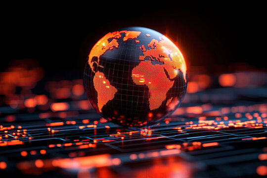 glowing digital globe with data points on dark background