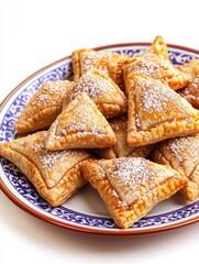 Colorful plate of golden brown pastry bites generously dusted with powdered sugar, likely cinnamon flavored.