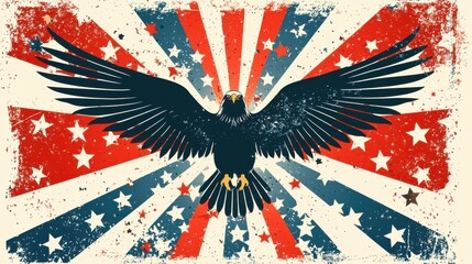 Majestic American Eagle Spreading Wings Over Vintage USA Flag Backdrop
