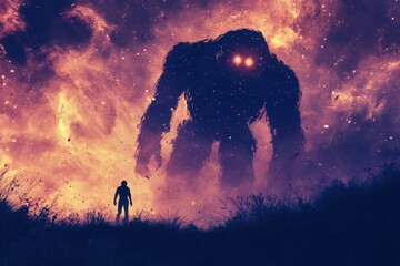 Fototapeta premium Giant creature stands over a solitary figure on a hill