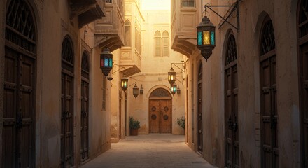 Fototapeta premium Street View with Lanterns in Old City with Warm Sunlight
