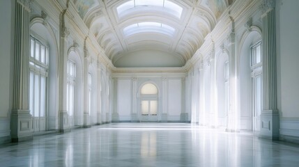 Fototapeta premium Serene Grandeur: Sunlight Illuminates a Classic White Hallway