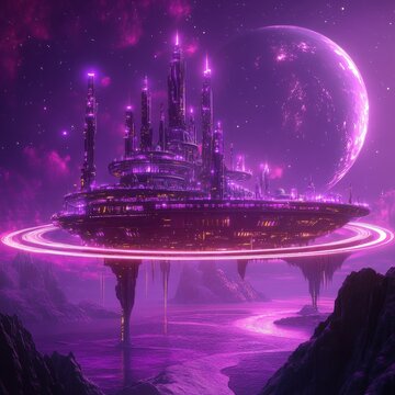 Futuristic city floats above a purple alien landscape scenery