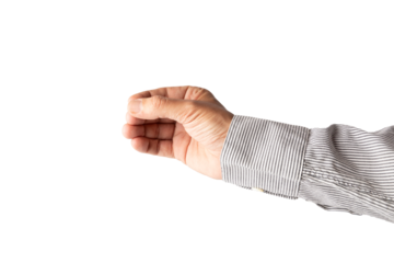 Male hand doing holding gesture with white shirt with blue stripes no background cutout