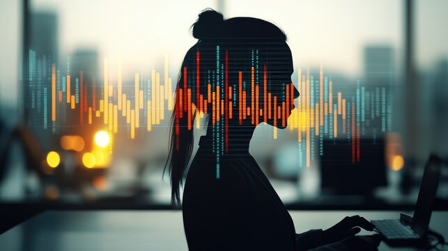 A silhouette of a woman working on a laptop, with colorful sound wave graphics overlaying the scene, conveying a blend of technology and creativity. - Powered by Adobe