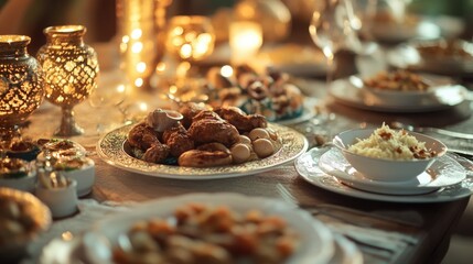 Food on plates, bowls and a plate of bread. Gold candles and gilded plates create an elegant atmosphere for a holiday meal.
