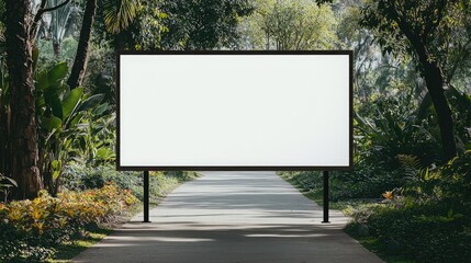 Fototapeta premium A large blank billboard stands at the end of a tree-lined path, surrounded by lush greenery, inviting creativity and inspiration.