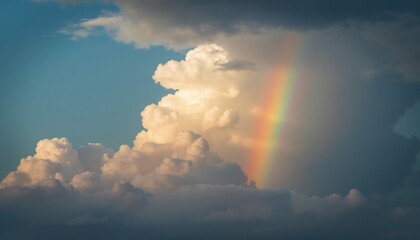 Dramatic weather shift with storm clouds parting and a vibrant rainbow breaking through, highlighted by sunlight