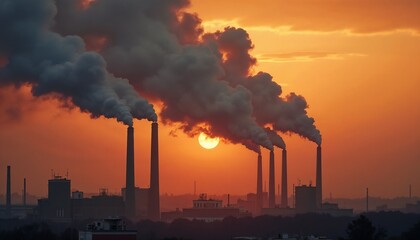Environmental impact visualization with thick pollution rising from factory chimneys at sunset