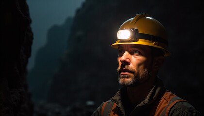 Fototapeta premium Miner’s face illuminated by a headlamp in darkness, highlighting hard work and endurance 