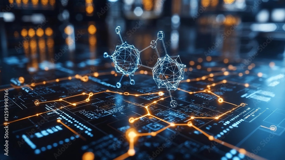Poster Molecular model on circuit board; tech background; science concept; for website banners