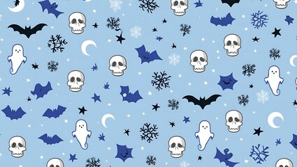 Cute halloween seamless pattern with flying bats on a blue background creating a spooky and fun design perfect for decorations textiles and wallpapers.