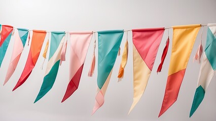 1. Triangular Flags in Bright Colors Hanging on Strings, Isolated on a Transparent Background