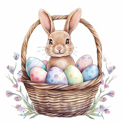 Easter Bunny Sitting in a Basket with Painted Eggs, generated AI