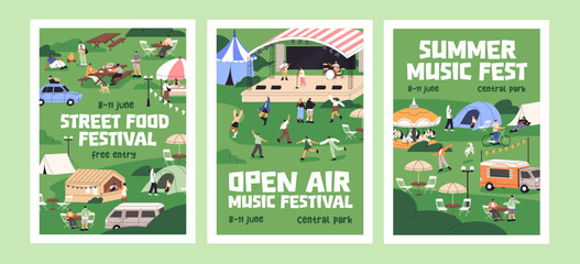 Designs of outdoor music festival event posters. Templates of open air street food fest in park. Summer performance on stage in nature with trucks, stalls, tents, people. Flat vector illustrations