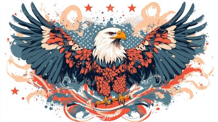 Fototapeta premium Majestic Bald Eagle Soaring with Powerful Wings and Talons Amid Patriotic Backdrop
