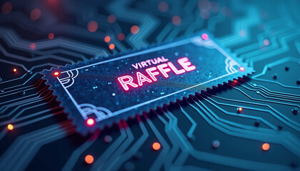 Neon circuit board background featuring a digital raffle ticket in a futuristic, high-tech setting