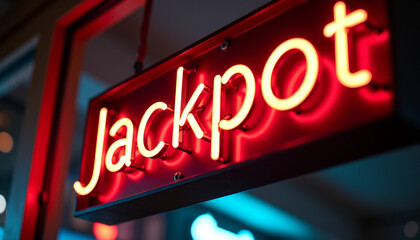 Vintage-style neon sign reading Jackpot glowing in the dark, pulsing with electric energy