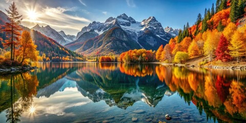Obraz premium Breathtaking panoramic view: autumn's vibrant hues embrace the Alps and its serene lake.