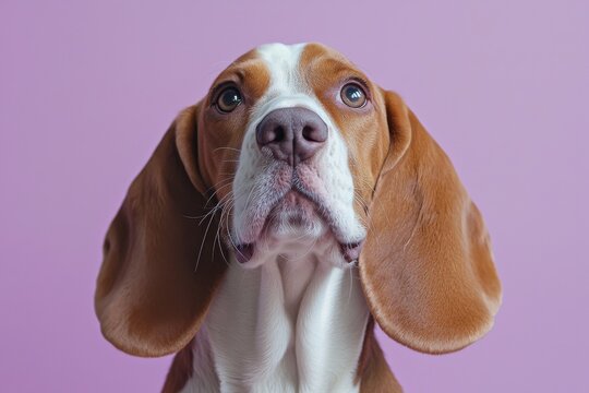 A close-up of a beagle dog with expressive eyes and large ears, set against a soft pink background.