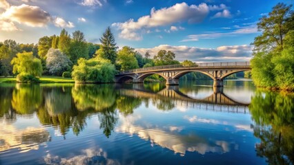 Detailed view of a serene lake landscape with a majestic bridge spanning over the water, river views, tranquil atmosphere