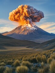 Obraz premium A volcanic eruption at sunset with a red sky.