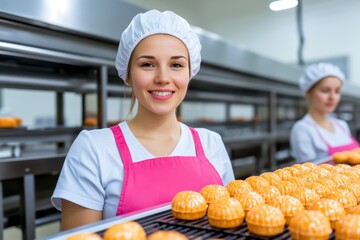 Smiling baker standing proudly next to freshly baked pastries in a bright bakery kitchen environment